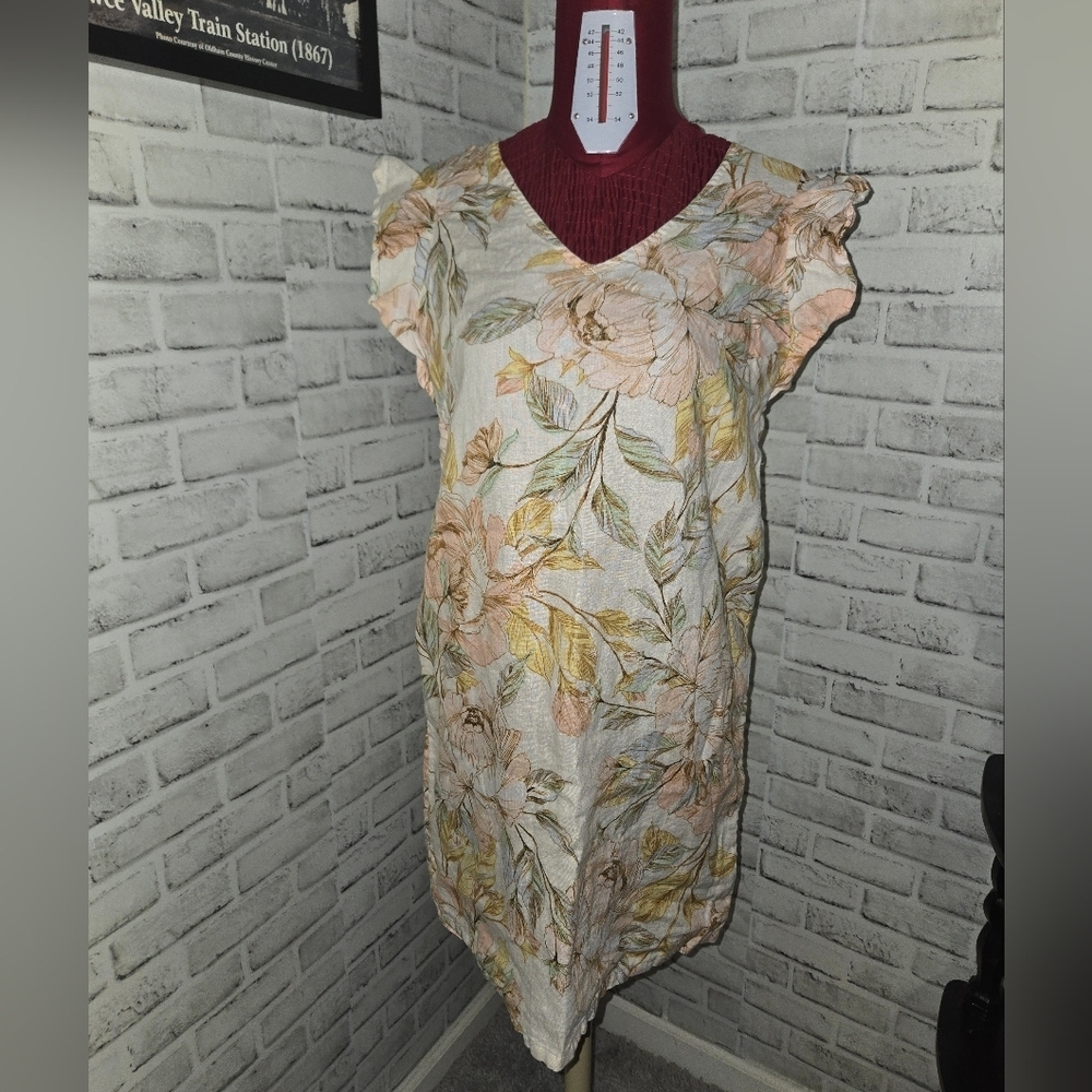 Nicole Miller Linen 100 Dress Womens S Floral Ruffle Sleeveless